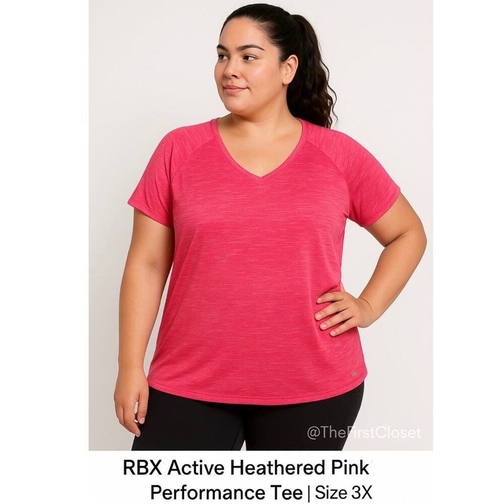 RBX Shirt Womens 3X Active Heathered Pink Performance Tee Short Sleeve V Neck